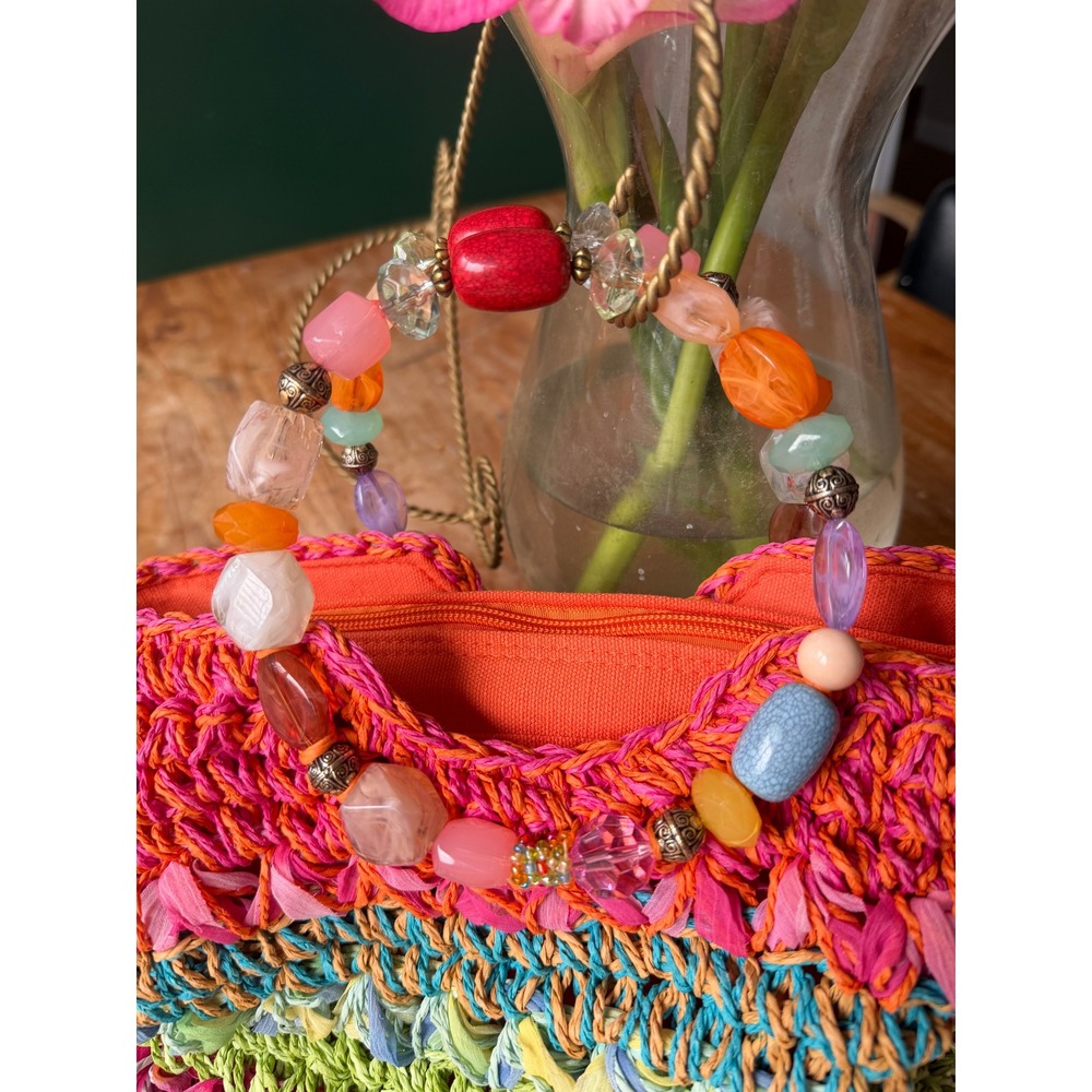 Cappelli Straworld Multicolor Crochet Toyo Handbag Beaded Rope Handle bright - Picture 2 of 8
